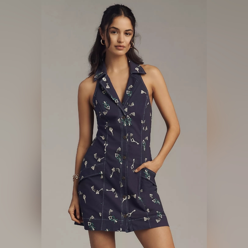 Maeve Anthropologie Blue Key Print Sleeveless Dress Size M NWT